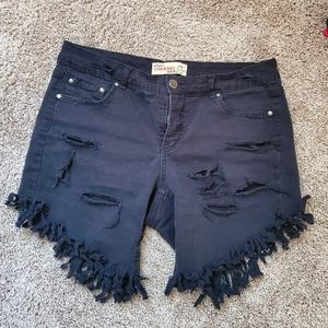 Women Black Fringed Ripped Jean Shorts